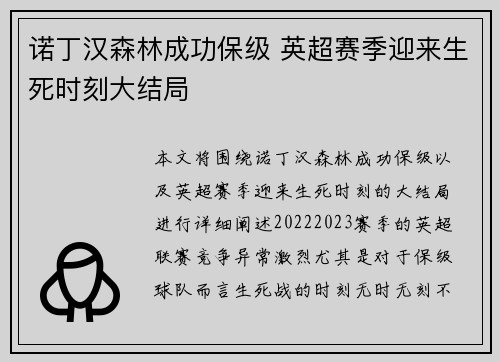 诺丁汉森林成功保级 英超赛季迎来生死时刻大结局 诺丁汉森林成功保级 英超赛季迎来生死时刻大结局