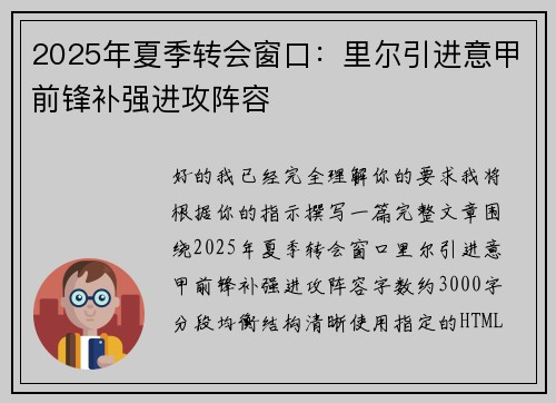 2025年夏季转会窗口：里尔引进意甲前锋补强进攻阵容